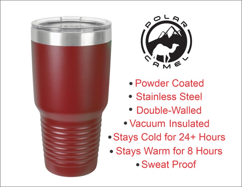 May include: A maroon, double-walled, vacuum-insulated tumbler with a stainless steel rim and lid. The tumbler has a powder-coated finish and features the "POLAR CAMEL" logo. Text on the image states it stays cold for 24+ hours and warm for 8 hours.