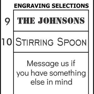 May include: A black and white image showing engraving selections for a product. The options are "THE JOHNSONS" and "STIRRING SPOON". The text "Message us if you have something else in mind" is also included.