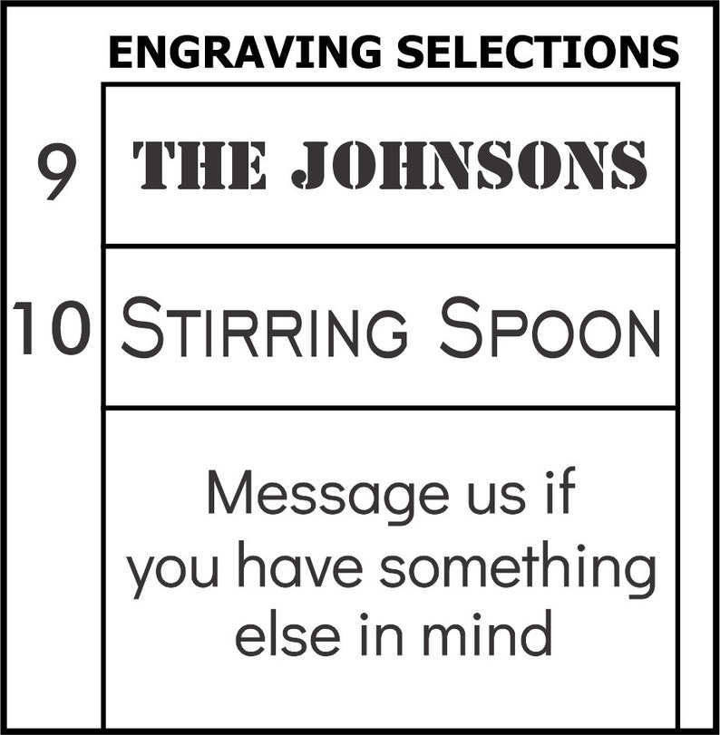 May include: A black and white image showing engraving selections for a product. The options are "THE JOHNSONS" and "STIRRING SPOON". The text "Message us if you have something else in mind" is also included.