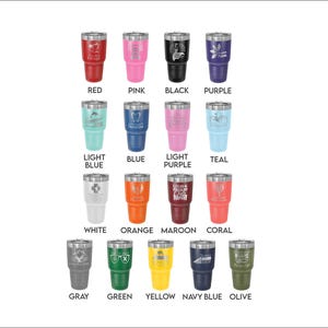 May include: A collection of insulated tumblers in various colors, including red, pink, black, and purple. Each tumbler features a different design or logo and is labeled with its color. The tumblers are arranged in rows and columns.