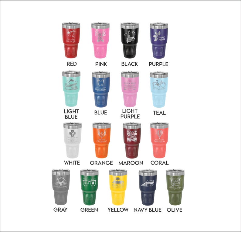 May include: A collection of insulated tumblers in various colors, including red, pink, black, and purple. Each tumbler features a different design or logo and is labeled with its color. The tumblers are arranged in rows and columns.