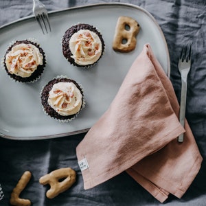 Könnte beinhalten: Drei Schokoladen-Cupcakes mit weißem Frosting und rosa Streuseln auf einem grauen Teller mit einer rosa Serviette und goldenen Buchstabenkeksen, die "LAB" auf einer grauen Oberfläche buchstabieren.