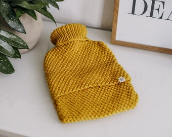 Knitted hot water bottle cover »Mustard Yellow« with pearl pattern // ready for shipping