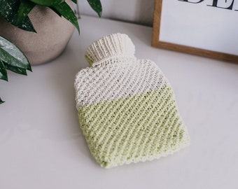 Knitted hot water bottle cover small with pearl pattern »colorblocking cream-lemon«