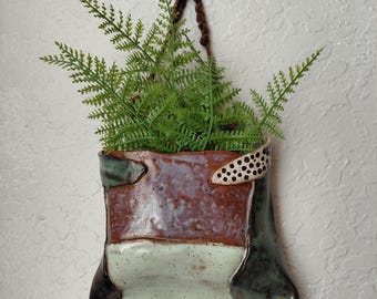 Ceramic Wall Pocket, Stoneware Wall Planter, Air Plant Holder, Multi Color Glaze Pottery Vase