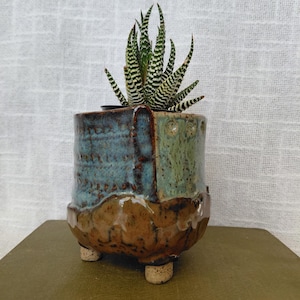 May include: A small ceramic planter with a succulent plant. The planter is a mix of blue, green, and brown glazed ceramic, with a textured surface and three small feet. The succulent has green and white striped leaves.