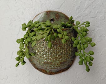 Ceramic Wall Pocket, Stoneware Wall Planter, Air Plant Holder, Green Pottery Vase