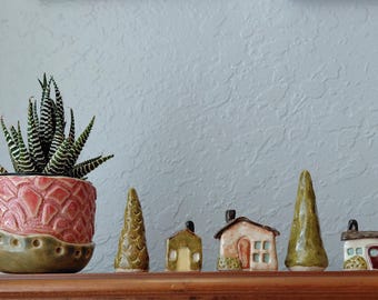 Ceramic Mini Houses and Trees set of 5, Tiny house