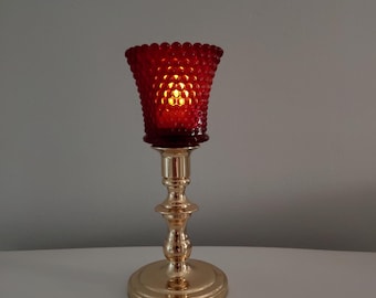 Vintage Red Glass Candle Cup with Brass candlestick, Set