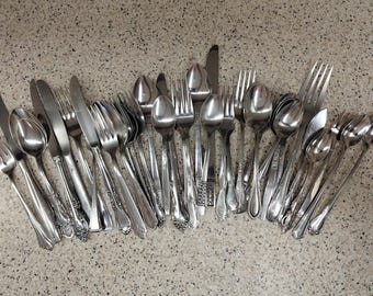 Mismatched Vintage Silverware Set, 36 Piece set, Flatware Collection, Setting for 6