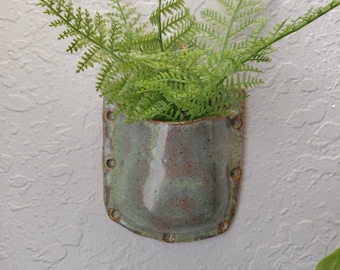 Ceramic Wall Pocket, Stoneware Wall Planter, Air Plant Holder, Green Pottery Vase