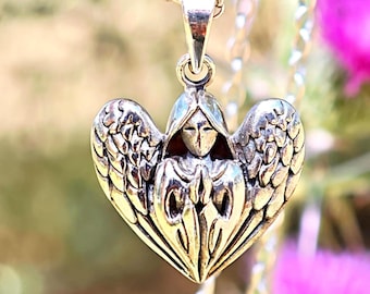 Collar con colgante de corazón de ángel de plata de ley – Joyería gótica alada, encanto espiritual