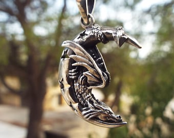 Sterling Silver Dragon Snake Serpent Jewelry Pendant Handmade Vintage Necklace Gothic Magic