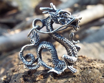 Sterling Silver Dragon Snake Serpent Jewelry Pendant Handmade Vintage Necklace Gothic Magic