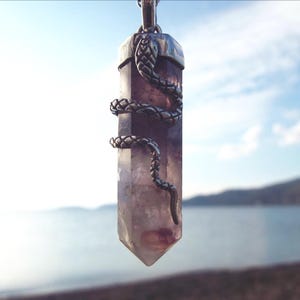 Sterling Silver Amethyst Snake Serpent  Pendulum Locket Pendant Crystal Handmade Vintage Necklace