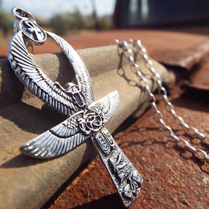 Ankh Eye Anhänger - Sterling Silber Geflügelter Talisman des Schutzes 925 Kruzifix Schmuck