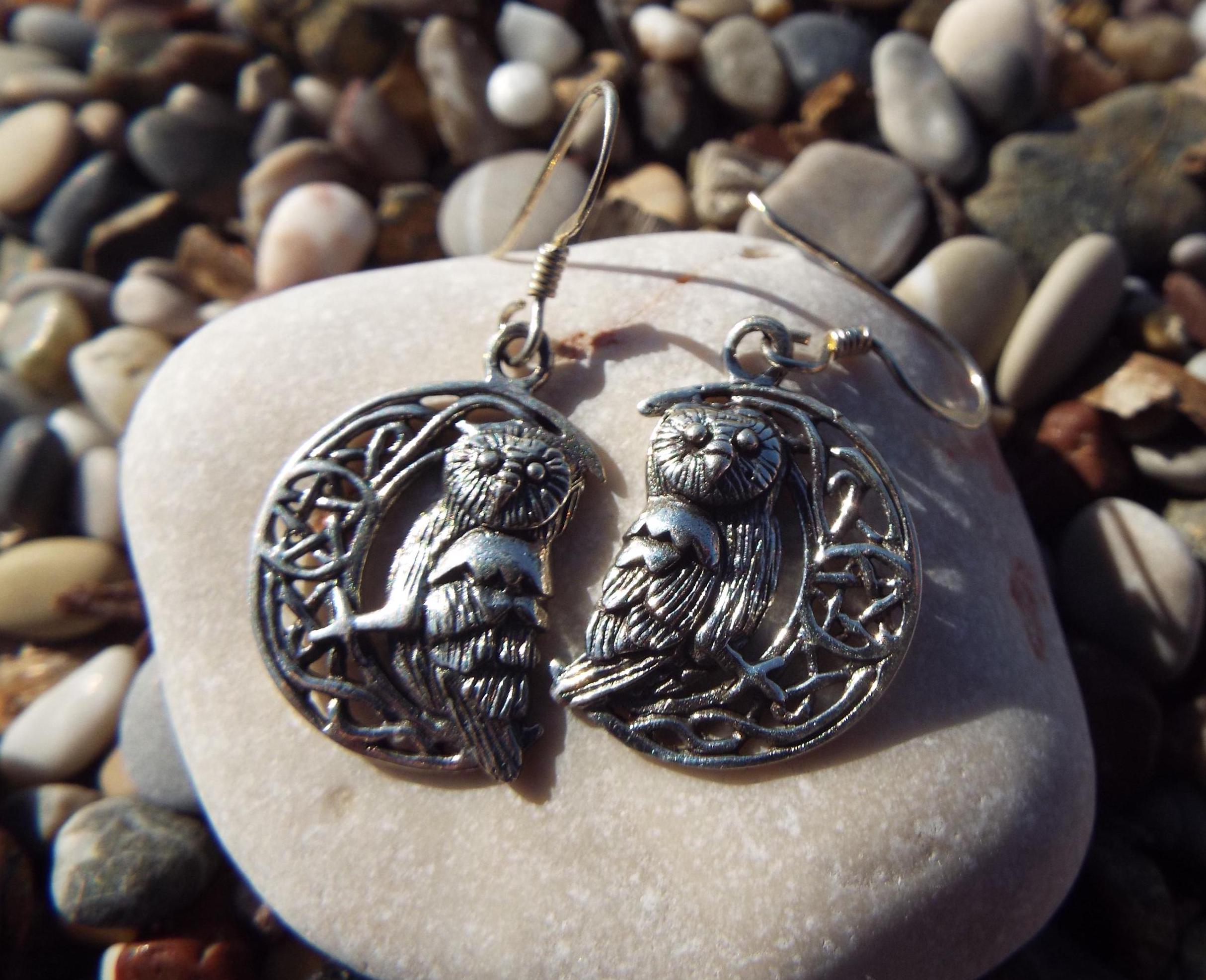 Sterling Silver Drop Earrings Owl  Handmade Sterling 925 Protection Symbol Animal Bird Pentagram Got