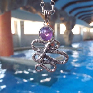 Op de afbeelding: Een zilverkleurige hangerketting met een paarse edelsteen en een slangenmotief. De slang is opgerold en gedetailleerd, met een getextureerd oppervlak. De hanger hangt aan een fijne ketting, wat een opvallend sieraad creëert.