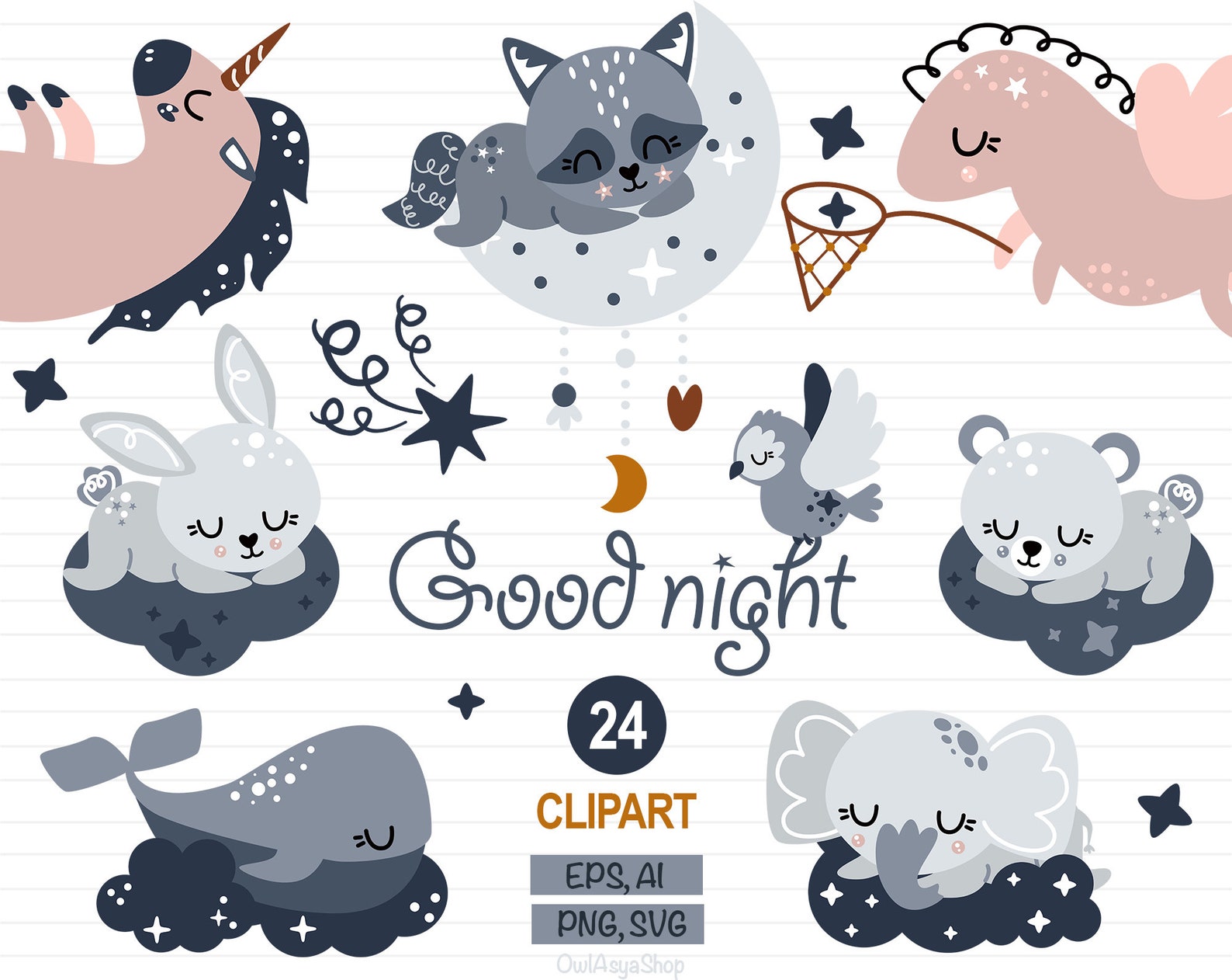 Good night svg Animals clipart Moon svg Sweet dreams Sleep Etsy