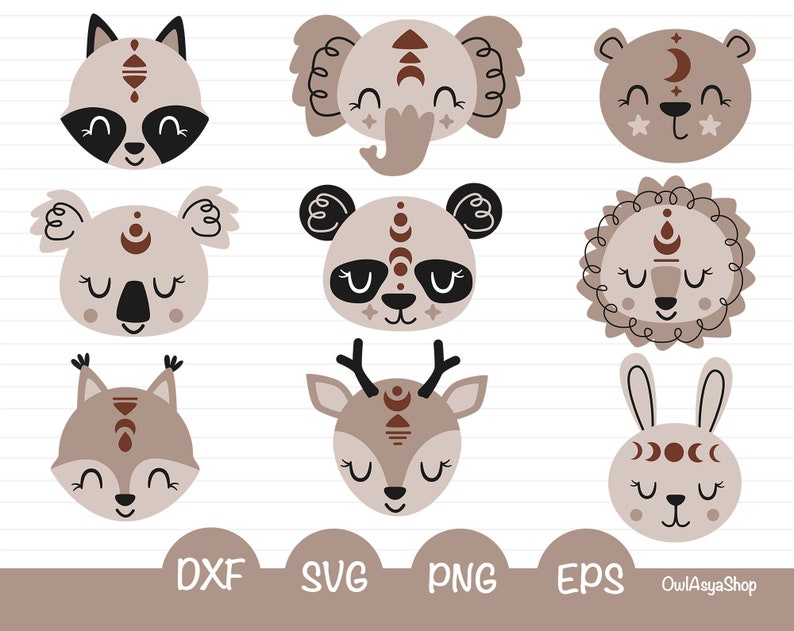 Download Boho Animal Face Clipart Bohemian Animals Svg Baby Animal Faces Svg Boho Clipart Svg Bear Bunny Koala Lion Panda Clipart Commercial Use Clip Art Art Collectibles