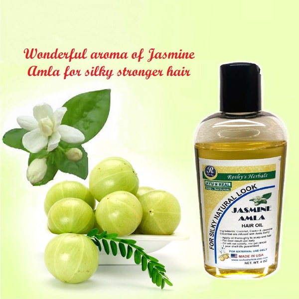 Jasmine Amla Hair Oil, 4 oz. Natural therapeutic grade hair care. Coconut MCT/Jasmine oil with Amla for strong hair growth. Awesome aroma !