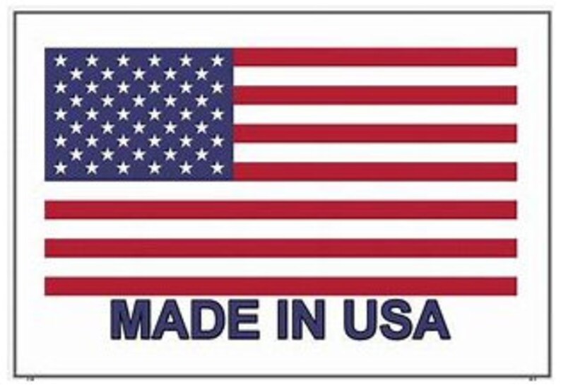 May include: A red, white, and blue American flag with 50 white stars on a blue field. The flag is displayed on a white background with the text "MADE IN USA" in blue letters.