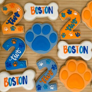 1 dozen custom blue and orange cookies | paw cookies | bone cookies | birthday