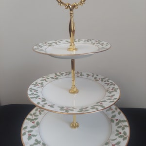 Noritake China Holly and Berry Gold 3-Tiered Serving Tray