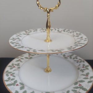 Noritake China Holly and Berry Gold 2-Tiered Serving Tray