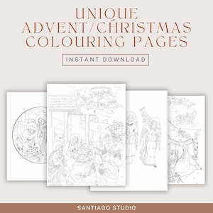 May include: Four black and white printable coloring pages featuring scenes from the Christmas story. The pages include images of the Nativity, angels, and shepherds.