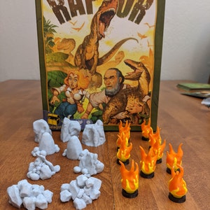 Raptor Board Game Token Upgrade || Flame and Boulder Miniatures || 3D Printed Rocks and Fire || Game Itself NOT Included
