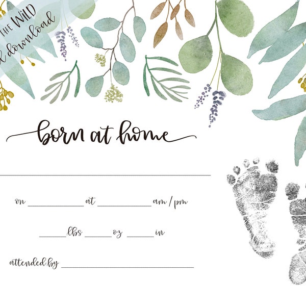 Homebirth Certificate for Footprints and Birth Stats | Born at Home Wild Eucalyptus Watercolor Wall Art | Boho Nursery Art INSTANT DOWNLOAD