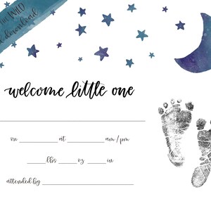 Arte de acuarela imprimible para guardería con luna y estrellas para estadísticas de nacimiento + huellas / certificado de nacimiento de recuerdo Arte de pared DESCARGA INSTANTÁNEA