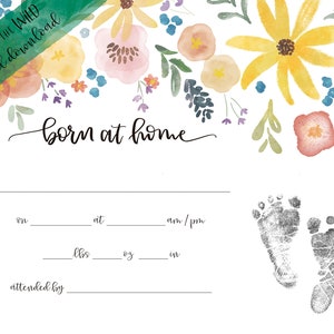 Geboorteakte herdenkingsmunt | Born at Home aquarel wilde bloemen | Aankondiging geboortekaartje voor baby's voetafdrukken DIGITALE DOWNLOAD