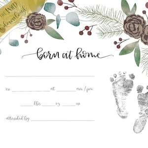 Nacido en casa Pino + Certificado de nacimiento de eucalipto / Homebirth Woodland Footprint Wall Art / Estadísticas del bebé Decoración de la guardería DESCARGA INSTANTÁNEA