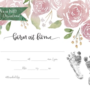 Thuisgeboorteakte voor voetafdrukken + geboortestatistieken | Born at Home aquarel blush roos muurkunst | Babymeisje kinderkamerdecoratie INSTANT DOWNLOAD