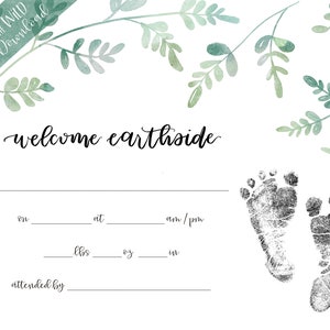Certificado de nacimiento de recuerdo de helecho de acuarela de bienvenida a Earthside para estadísticas de nacimiento + huellas / bolso de hospital imprescindible DESCARGA INMEDIATA