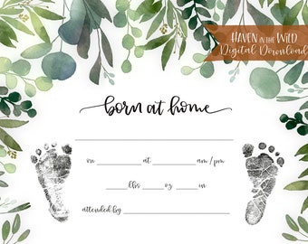 Boho Homebirth Certificate for Footprints and Birth Stats | Born at Home Floral Greenery Watercolor Wall Art | Nursery Art INSTANT DOWNLOAD