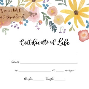 Bewijs van leven voor miskraam, doodgeboorte en babyverlies | Geboorteakte wilde bloemen aandenken | Herdenkingskunst INSTANT DOWNLOAD