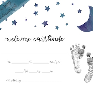 Bienvenido Earthside Acuarela Luna + Estrellas Vivero Arte de pared para estadísticas de nacimiento + Huellas / Certificado de nacimiento conmemorativo DESCARGA INSTANTE