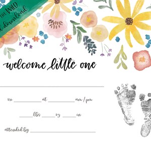 Certificaat babyvoetafdruk wilde bloemen | Welkom kleintje aandenken geboortekaartje | Geboortestatistieken kinderkamer muurkunst INSTANT DOWNLOAD