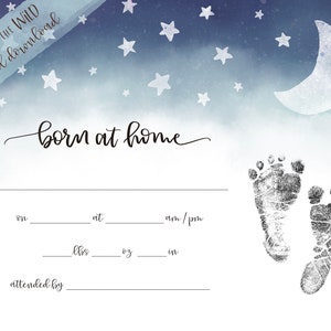 Born at Home Aquarell Nachthimmel Kinderzimmer Wandkunst für Geburtszahlen + Fußabdrücke | Gedenk Hausgeburtsurkunde INSTANT DOWNLOAD