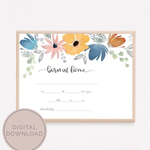 Zu Hause Geboren Geburtsurkunde | Baby Footprint + Statistik Hausgeburt Aquarell Kunst | Boho Kinderzimmer Dekor INSTANT DOWNLOAD