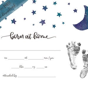 Arte de pared infantil con acuarela "Nacido en casa", luna y estrellas, para estadísticas de nacimiento y huellas / Certificado conmemorativo de nacimiento en casa. DESCARGA INSTANTÁNEA.