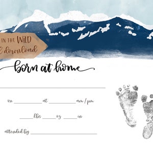 Born at Home Berg Aquarell Kunst | Geburtsurkunde | Baby Fußabdrücke + Statistik Zeichen | Navy Kinderzimmer Dekor INSTANT DOWNLOAD