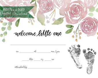 Hospital Birth Announcement | Blush Rose Keepsake Birth Certificate | Baby Footprints Birth Statistics | Pink Nursery Decor INSTANT DOWNLOAD