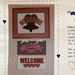 May include: A printed pattern sheet featuring the word "WELCOME" in various designs. The sheet includes framed and unframed examples, heart motifs, and instructions. The text also mentions Patsy Wight and the year 1984.