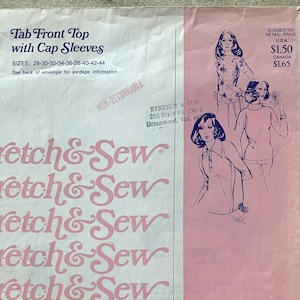 Vintage 1970&#39;s Stretch & Sew Pattern 250, Tab Front Top with Cap Sleeves, UNCUT, Sizes 28-44