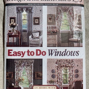 May include: A vintage sewing pattern for curtains, featuring four different window treatments. The pattern is titled "Butterick Design with Butterick 6435 Easy to Do Windows" and "Faciles à Faire Fenêtres". The pattern includes instructions for making curtains with a wave-style valance, a swag valance, and a simple gathered valance.