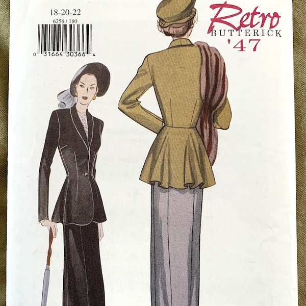 Vintage 1990's Butterick Retro '47 Pattern 6256,  Misses'/Misses' Petite Jacket and Skirt, UNCUT, Size 18-20-22